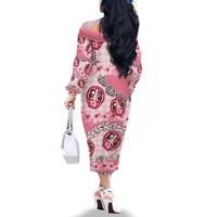 Japanese Daruma Doll Palaka Family Matching Off The Shoulder Long Sleeve Dress and Hawaiian Shirt Cherry Blossoms With Shell Lei - Wonder Print Shop