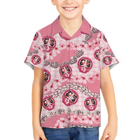 Japanese Daruma Doll Palaka Family Matching Off The Shoulder Long Sleeve Dress and Hawaiian Shirt Cherry Blossoms With Shell Lei - Wonder Print Shop