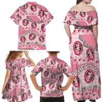Japanese Daruma Doll Palaka Family Matching Off Shoulder Maxi Dress and Hawaiian Shirt Cherry Blossoms With Shell Lei - Wonder Print Shop