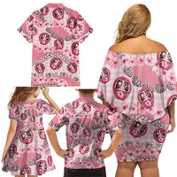 Japanese Daruma Doll Palaka Family Matching Off Shoulder Short Dress and Hawaiian Shirt Cherry Blossoms With Shell Lei - Wonder Print Shop