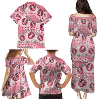 Japanese Daruma Doll Palaka Family Matching Puletasi and Hawaiian Shirt Cherry Blossoms With Shell Lei - Wonder Print Shop