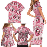 Japanese Daruma Doll Palaka Family Matching Short Sleeve Bodycon Dress and Hawaiian Shirt Cherry Blossoms With Shell Lei - Wonder Print Shop