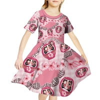 Japanese Daruma Doll Palaka Kid Short Sleeve Dress Cherry Blossoms With Shell Lei - Wonder Print Shop