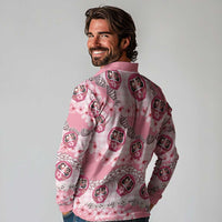 Japanese Daruma Doll Palaka Long Sleeve Polo Shirt Cherry Blossoms With Shell Lei - Wonder Print Shop