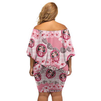 Japanese Daruma Doll Palaka Off Shoulder Short Dress Cherry Blossoms With Shell Lei - Wonder Print Shop