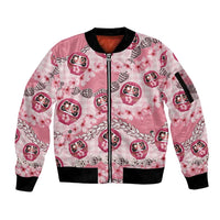 Japanese Daruma Doll Palaka Sleeve Zip Bomber Jacket Cherry Blossoms With Shell Lei - Wonder Print Shop