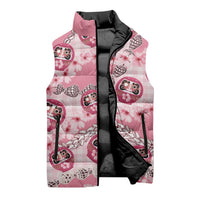 Japanese Daruma Doll Palaka Sleeveless Puffer Jacket Cherry Blossoms With Shell Lei - Wonder Print Shop