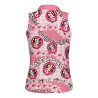 Japanese Daruma Doll Palaka Women Sleeveless Polo Shirt Cherry Blossoms With Shell Lei - Wonder Print Shop