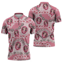 Japanese Daruma Doll Palaka Zipper Polo Shirt Cherry Blossoms With Shell Lei - Wonder Print Shop