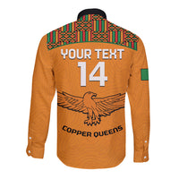 Custom Zambia Football Long Sleeve Button Shirt Copper Queens Kente Pattern - Wonder Print Shop