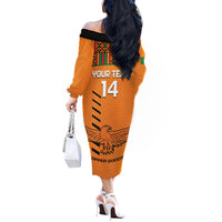 Custom Zambia Football Off The Shoulder Long Sleeve Dress Copper Queens Kente Pattern - Wonder Print Shop
