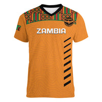 Custom Zambia Football Women V Neck T Shirt Copper Queens Kente Pattern - Wonder Print Shop