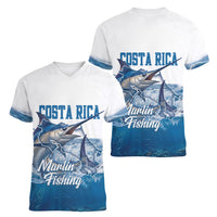 Blue Marlin Fishing Costa Rica Women V-Neck T-Shirt Makaira Nigricans Deep Sea Fishing