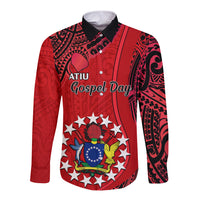Personalised 20 July Atiu Island Gospel Day Long Sleeve Button Shirt Cook Islands Tribal Pattern - Wonder Print Shop