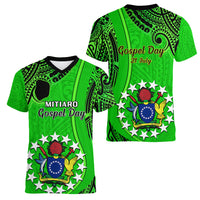 21 July Mitiaro Island Gospel Day Women V Neck T Shirt Cook Islands Tribal Pattern - Wonder Print Shop