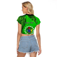 Personalised 21 July Mitiaro Island Gospel Day Raglan Cropped T Shirt Cook Islands Tribal Pattern - Wonder Print Shop
