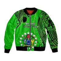 Personalised 21 July Mitiaro Island Gospel Day Sleeve Zip Bomber Jacket Cook Islands Tribal Pattern - Wonder Print Shop