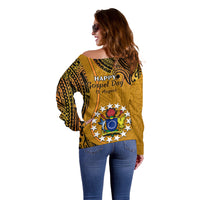 15 August Rakahanga Island Gospel Day Off Shoulder Sweater Cook Islands Tribal Pattern - Wonder Print Shop