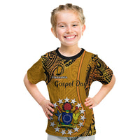 Personalised 15 August Rakahanga Island Gospel Day Kid T Shirt Cook Islands Tribal Pattern - Wonder Print Shop