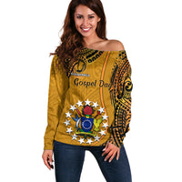 Personalised 15 August Rakahanga Island Gospel Day Off Shoulder Sweater Cook Islands Tribal Pattern - Wonder Print Shop