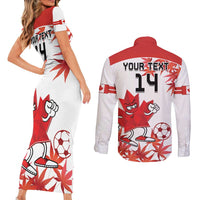 Custom Canada Soccer Couples Matching Short Sleeve Bodycon Dress and Long Sleeve Button Shirt Les Rouges Cute Maple Leaf Mascot - Wonder Print Shop