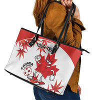 Custom Canada Soccer Leather Tote Bag Les Rouges Cute Maple Leaf Mascot - Wonder Print Shop