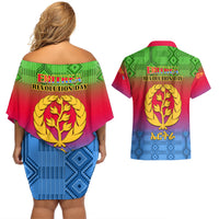 Eritrea Revolution Day Couples Matching Off Shoulder Short Dress and Hawaiian Shirt Eritrean Kente Pattern Gradient Style - Wonder Print Shop