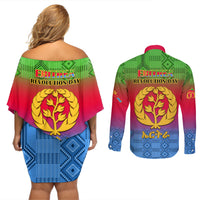 Eritrea Revolution Day Couples Matching Off Shoulder Short Dress and Long Sleeve Button Shirts Eritrean Kente Pattern Gradient Style - Wonder Print Shop