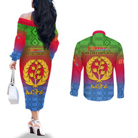 eritrea-revolution-day-couples-matching-off-the-shoulder-long-sleeve-dress-and-long-sleeve-button-shirts-eritean-kente-pattern-gradient-style