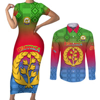 Eritrea Revolution Day Couples Matching Short Sleeve Bodycon Dress and Long Sleeve Button Shirts Eritrean Kente Pattern Gradient Style - Wonder Print Shop
