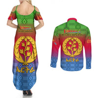 Eritrea Revolution Day Couples Matching Summer Maxi Dress and Long Sleeve Button Shirts Eritrean Kente Pattern Gradient Style - Wonder Print Shop