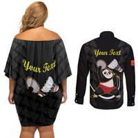 Personalised China Badminton Couples Matching Off Shoulder Short Dress and Long Sleeve Button Shirt 2024 Chinese Cute Panda Black Version - Wonder Print Shop