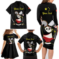Personalised China Badminton Family Matching Long Sleeve Bodycon Dress and Hawaiian Shirt 2024 Chinese Cute Panda Black Version - Wonder Print Shop
