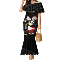 Personalised China Badminton Family Matching Mermaid Dress and Hawaiian Shirt 2024 Chinese Cute Panda Black Version - Wonder Print Shop