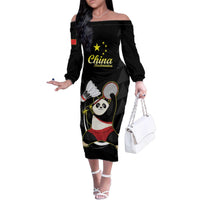 Personalised China Badminton Family Matching Off The Shoulder Long Sleeve Dress and Hawaiian Shirt 2024 Chinese Cute Panda Black Version - Wonder Print Shop