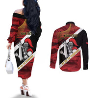 Trinidad and Tobago Cricket Personalized Couples Matching Off The Shoulder Long Sleeve Dress and Long Sleeve Button Shirt Trinbago Knight Riders Champions Trophy - Wonder Print Shop