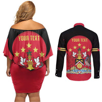 Trinidad and Tobago Cricket Personalized Couples Matching Off Shoulder Short Dress and Long Sleeve Button Shirt Trinbago Knight Riders 5th Champions Proud - Wonder Print Shop