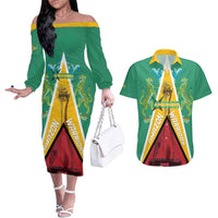 Custom Guyana Cricket Amazon Warriors Couples Matching Off The Shoulder Long Sleeve Dress and Hawaiian Shirt Flag Style - Wonder Print Shop