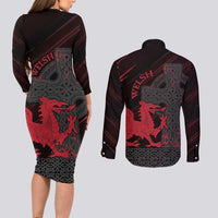Wales Couples Matching Long Sleeve Bodycon Dress and Long Sleeve Button Shirt Celtic Cross Welsh Red Dragon - Wonder Print Shop