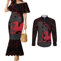 Wales Couples Matching Mermaid Dress and Long Sleeve Button Shirt Celtic Cross Welsh Red Dragon - Wonder Print Shop