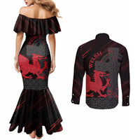 Wales Couples Matching Mermaid Dress and Long Sleeve Button Shirt Celtic Cross Welsh Red Dragon - Wonder Print Shop