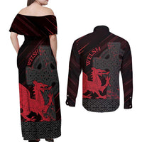 Wales Couples Matching Off Shoulder Maxi Dress and Long Sleeve Button Shirt Celtic Cross Welsh Red Dragon - Wonder Print Shop