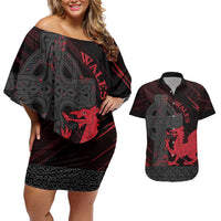 Wales Couples Matching Off Shoulder Short Dress and Hawaiian Shirt Celtic Cross Welsh Red Dragon - Wonder Print Shop