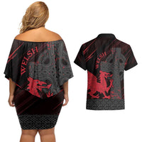 Wales Couples Matching Off Shoulder Short Dress and Hawaiian Shirt Celtic Cross Welsh Red Dragon - Wonder Print Shop