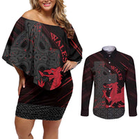 Wales Couples Matching Off Shoulder Short Dress and Long Sleeve Button Shirt Celtic Cross Welsh Red Dragon - Wonder Print Shop