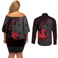 Wales Couples Matching Off Shoulder Short Dress and Long Sleeve Button Shirt Celtic Cross Welsh Red Dragon - Wonder Print Shop