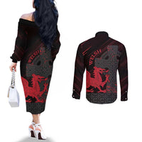 Wales Couples Matching Off The Shoulder Long Sleeve Dress and Long Sleeve Button Shirt Celtic Cross Welsh Red Dragon - Wonder Print Shop