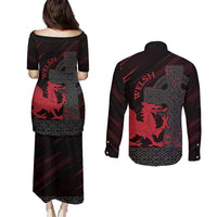 Wales Couples Matching Puletasi and Long Sleeve Button Shirt Celtic Cross Welsh Red Dragon - Wonder Print Shop
