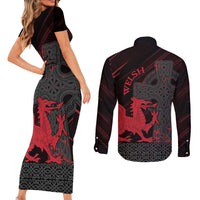 Wales Couples Matching Short Sleeve Bodycon Dress and Long Sleeve Button Shirt Celtic Cross Welsh Red Dragon - Wonder Print Shop