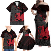 Wales Family Matching Off Shoulder Maxi Dress and Hawaiian Shirt Celtic Cross Welsh Red Dragon - Wonder Print Shop